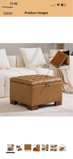 24" Faux Leather Square Storage Ottoman with Wooden Tray, Modern Tufted Button Footstool Coffee Table, Upholstered Small Ottoman for Living Room, Bedr
