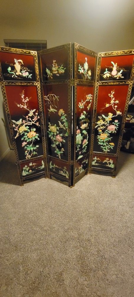 Vintage Asian Stone Jade 4 Panel Japanese Oriental Room Divider Lacquer Antique