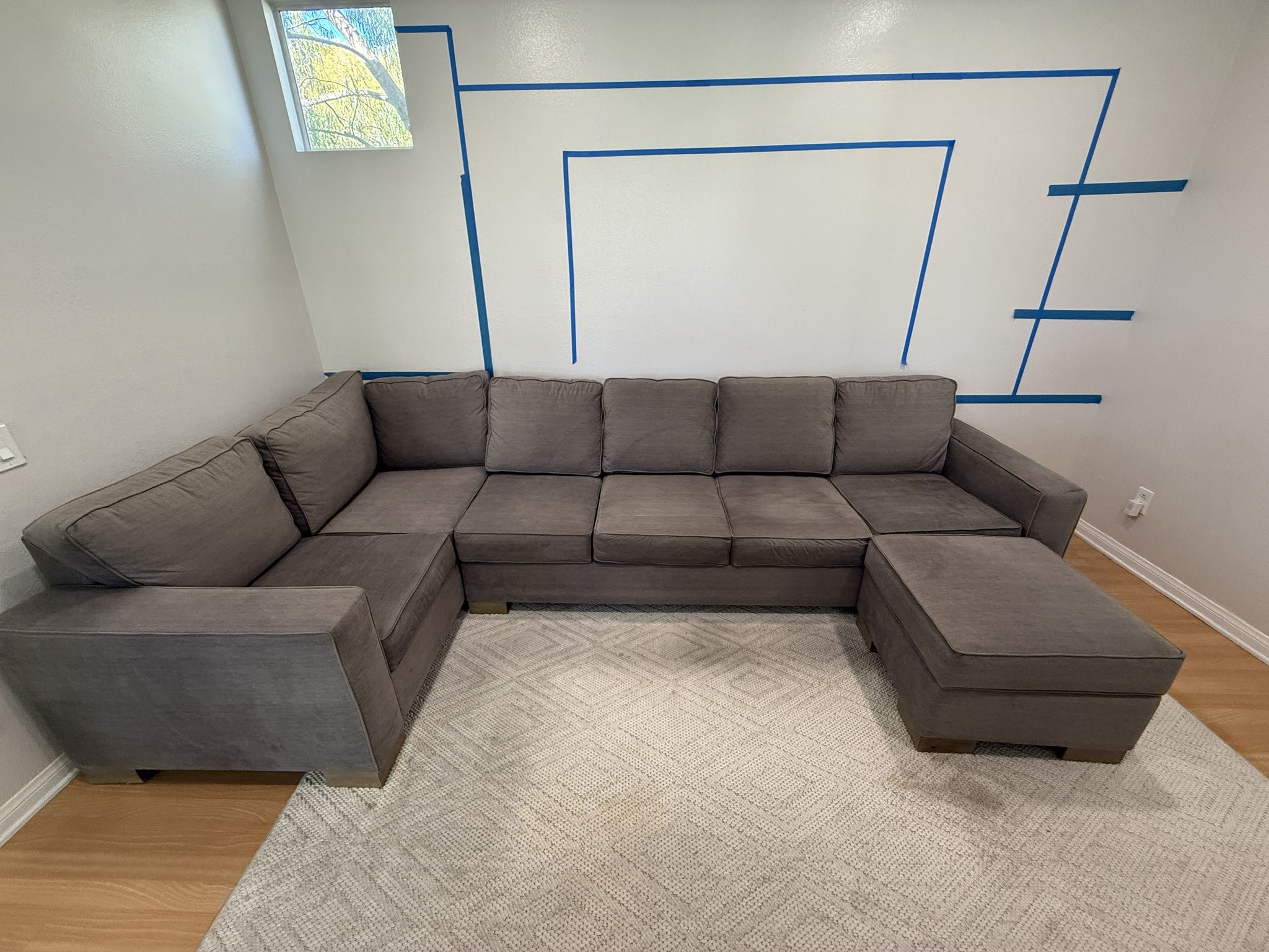 Modern Gray Sectional + Ottoman – 140” Custom – Right Chaise – Excellent Condition