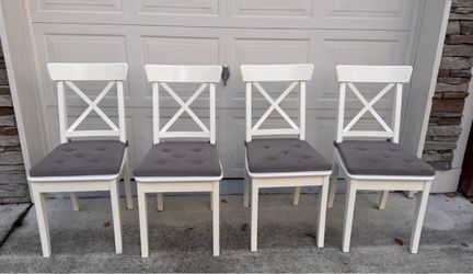 White IKEA Rosenthorp dining chairs & cushions