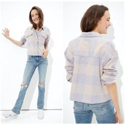 American Eagle Cropped Plaid Flannel Shirt