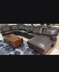 Free delivery  Large Brown Leather Sectional Sofa with Chaise
