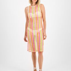 Miken Women's Open Knit Sleeveless Cover up Dress, Hot Pink/Orange/Yellow