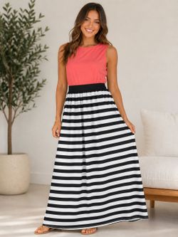 Color Block Striped Maxi Dress – Coral & Black/White – Sleeveless Flowy Dress