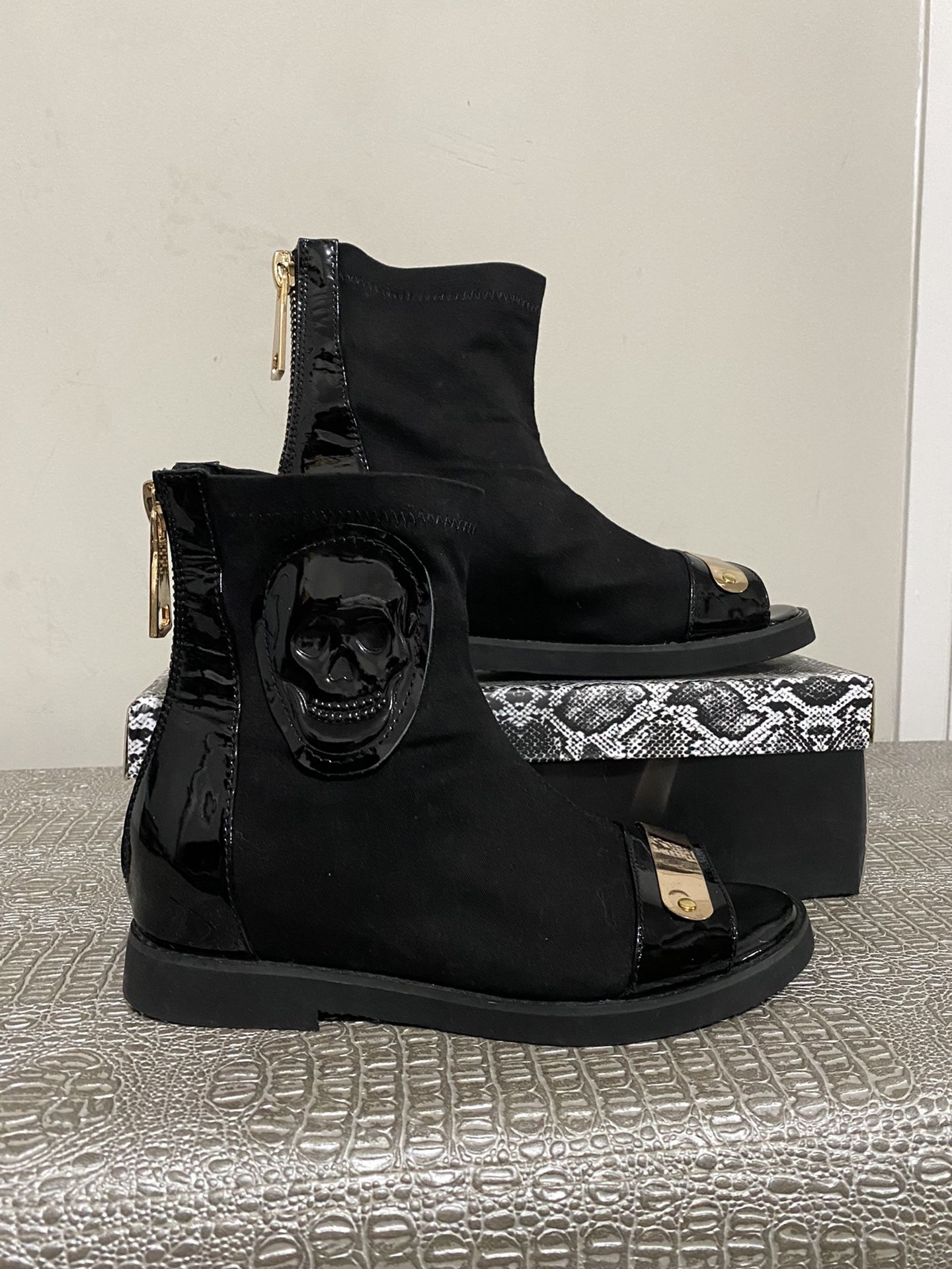 Black Open Toe Booties with Gold Accents