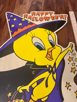 Vintage 1998 Warner Bros Tweety Bird Witch Halloween Plastic Yard Stake Sign (26")