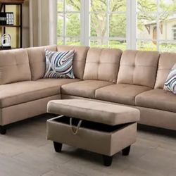 Beige Linen Modern Style Sectional Couch And Ottoman 