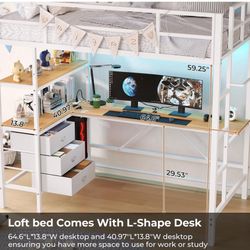 Twin Loft Bed with L-Shaped Desk, LED Lights