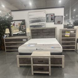 Queen Bedroom Set / Includes: Dresser, Mirror, Queen Bed Frame and nightstand. 