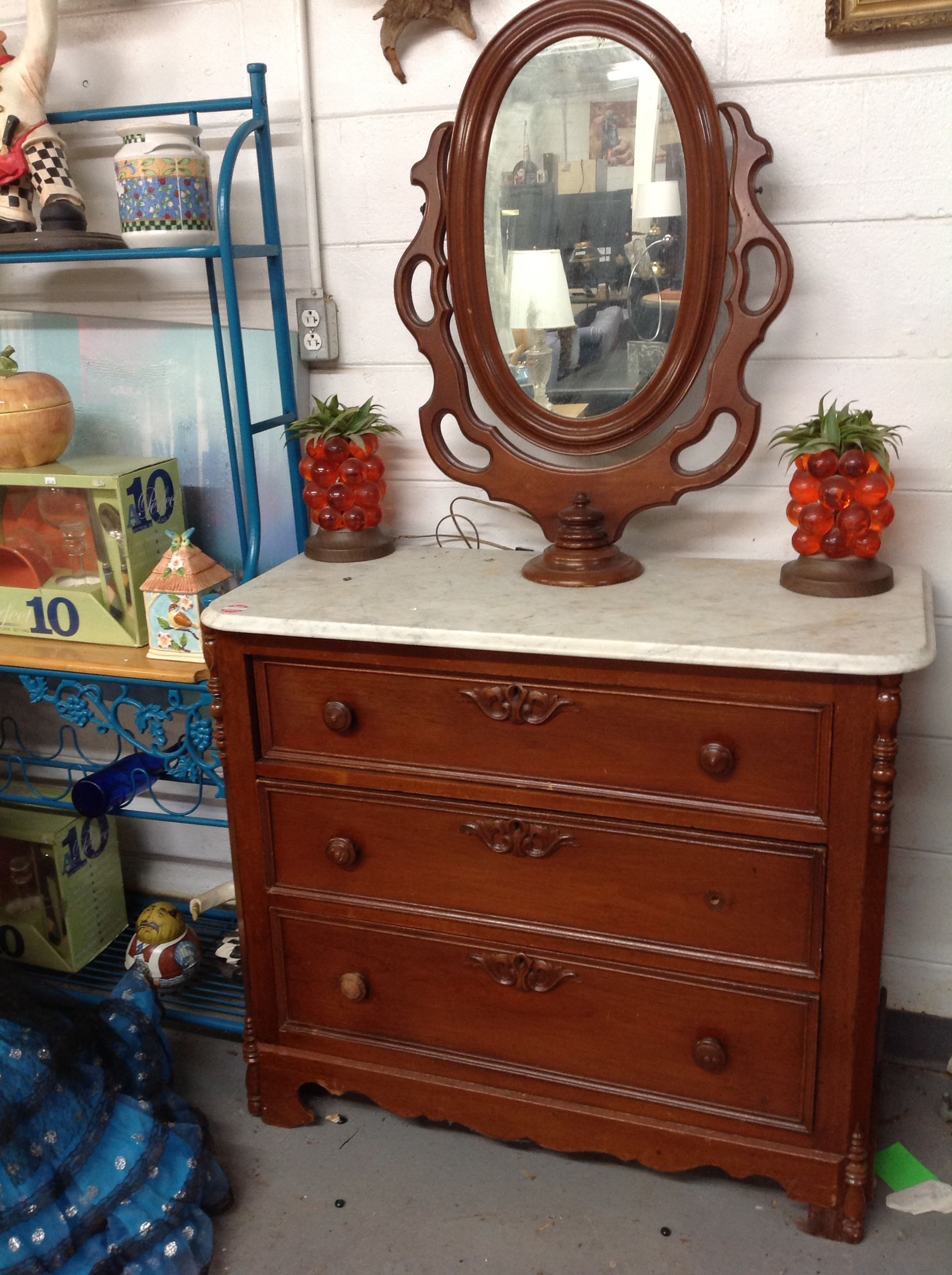 Beautiful Antique Marble Top 3 Drawer Dresser For Sale
