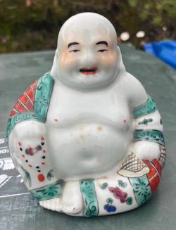 1932 Chinese Porcelain Laughing Buddha Budai Figurine Famille Verte Style Antique