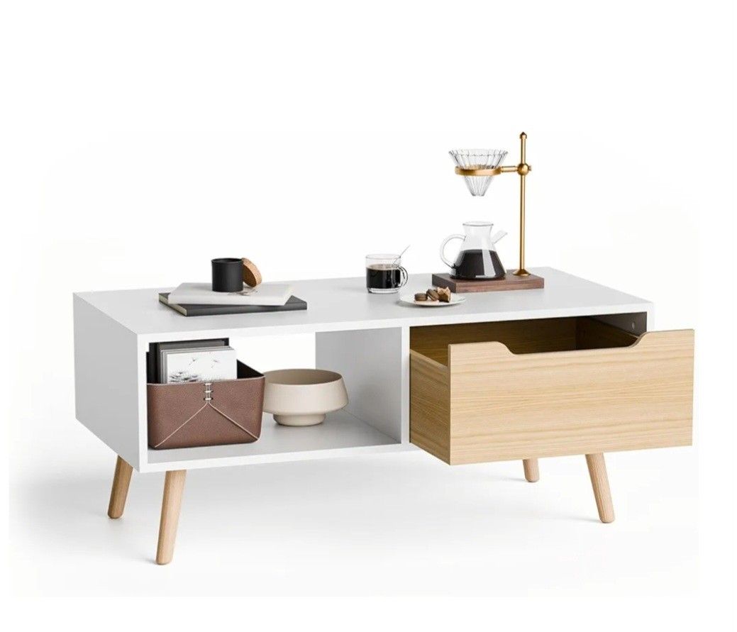 Coffee Table, Wooden Cocktail Table with Storage, Minimalist Hallway Table, Mid Century Modern Coffee Table for Living Room Apartment Reception, White