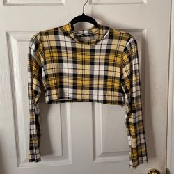 Yellow Plaid, Under Bust Crop Long Sleeve