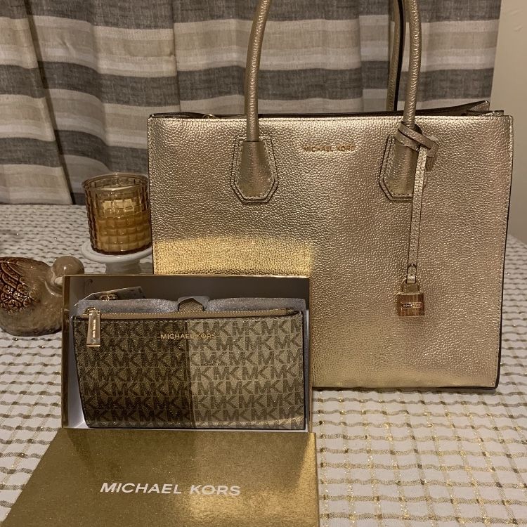 Michael Kors Gold Color Handbag And Wallet 