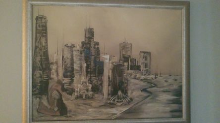 Chicago skyline painting with frame