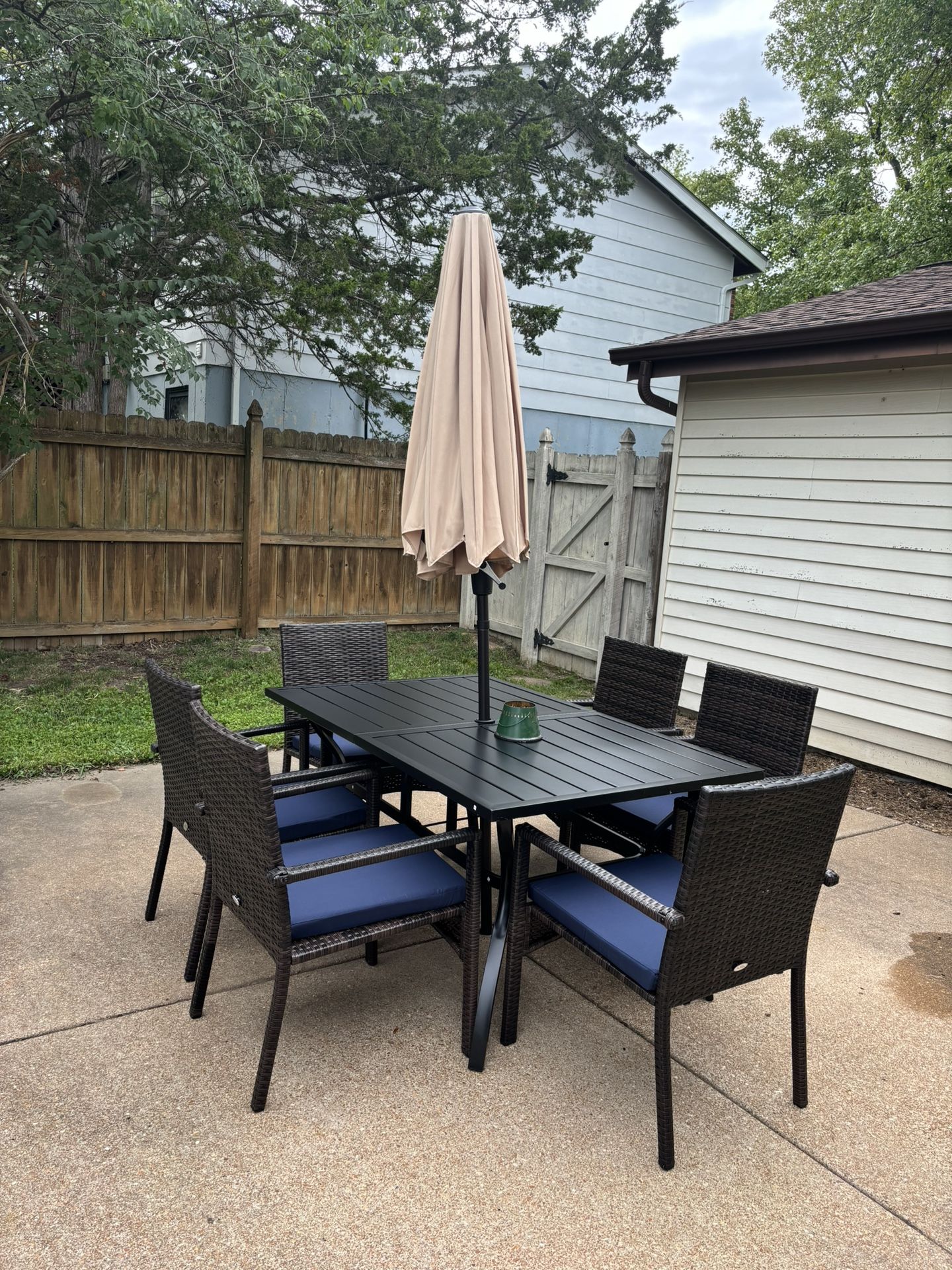 8 Pieces Outdoor Patio Dining Set - Metal Table & 13 ft Beige Umbrella