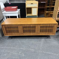 POVISON Mid-Century Modern TV S tand with Slatted Doors