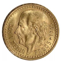**100% Genuine**UNCIRCULATED ** HIGH GRADE **1945 Mexico Gold 2 1/2 Pesos. Weight:  .0603 oz.