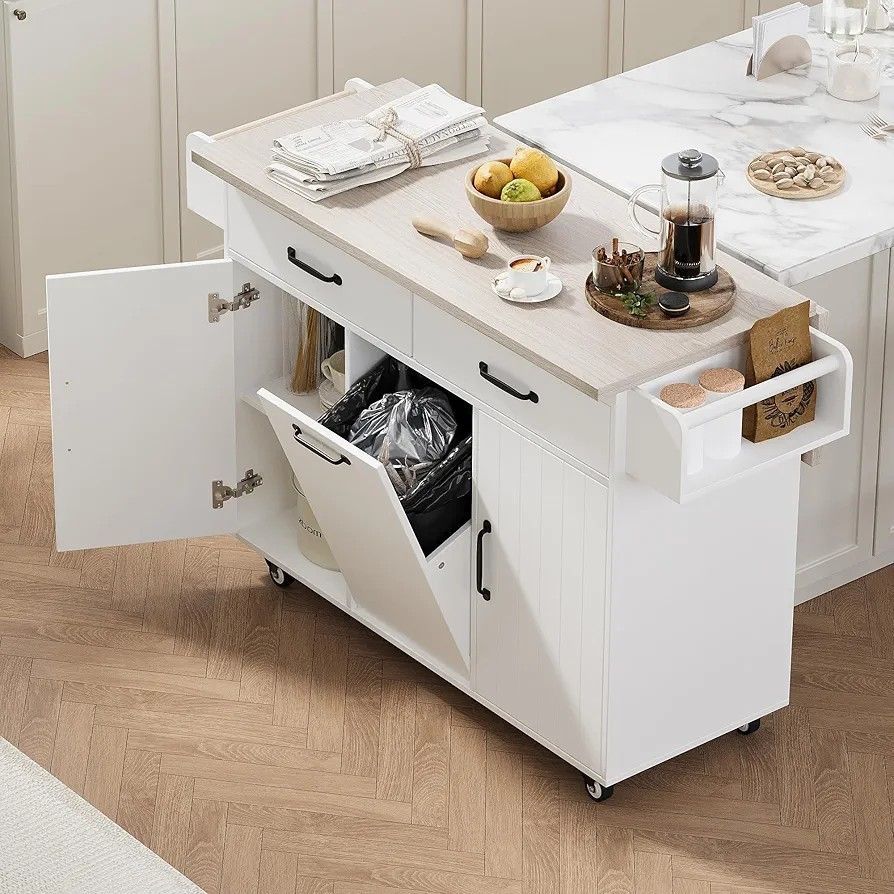 Kitchen Island With Large Drop Leaf, Rolling Kitchen Island On Wheels With Adjustable Shelf, Wood Kitchen Cart With Trash Can Storage Cabinet, Spice R