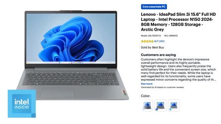 Lenovo ideas slim 3i 15.6” full hd laptop intel processor 8gb memory 128gb storage arctic grey
