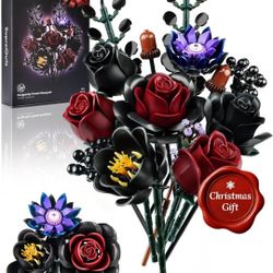 Christmas Black Burgundy Red Rose Bouquet Building Set, Artificial Flowers Botanical Collection Kit for Adults - Gothic Home Table Centerpieces Decor 