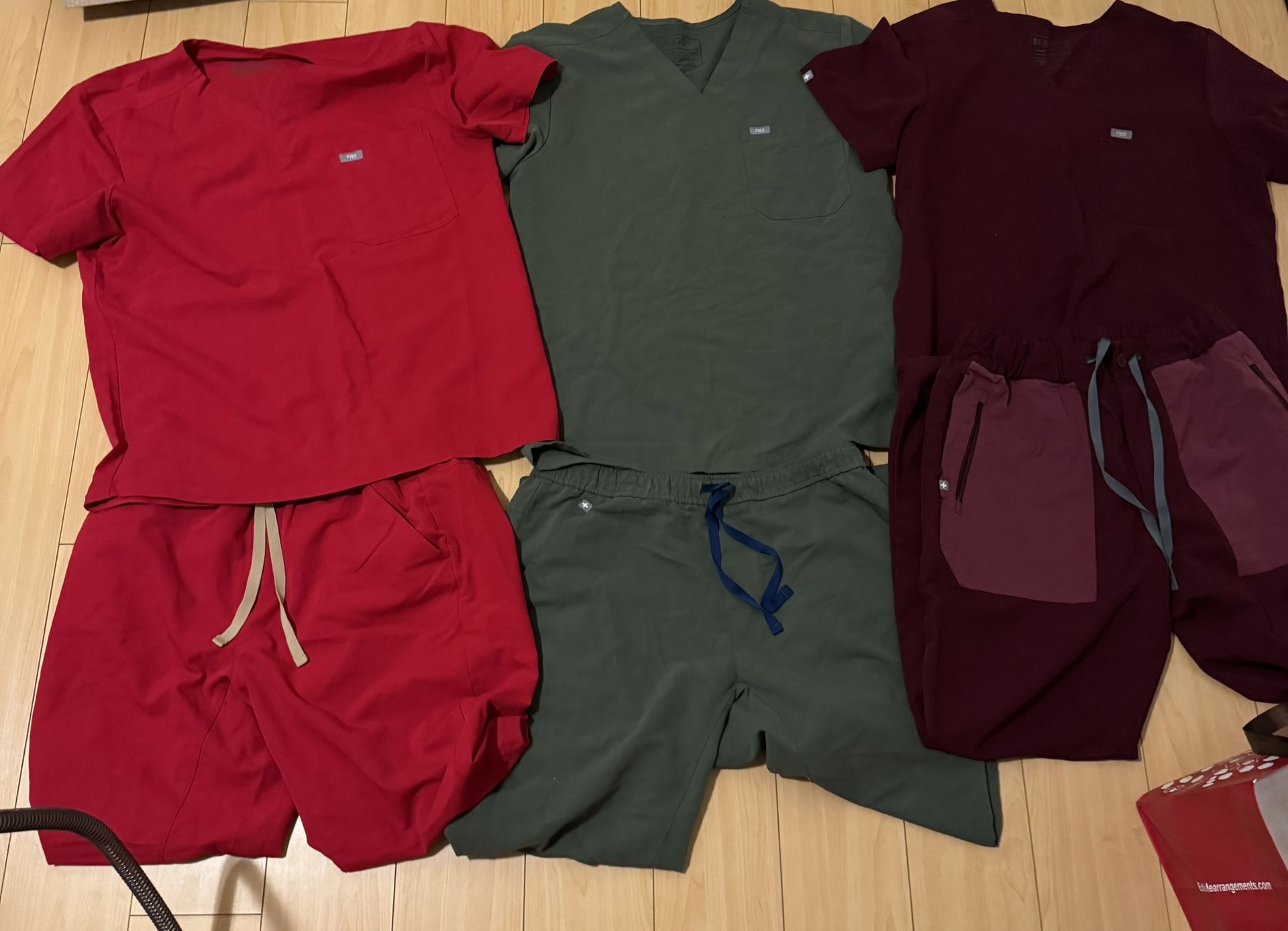 FIGS Scrubs – 3 Sets (Size L) | Red, Olive, Burgundy | Bundle or Individual