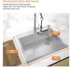 27 in. Drop-In Single Bowl 18-Gauge Stainless Steel Workstation Kitchen Sink with Waterfall and Spring Neck Faucet