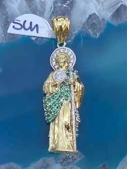 $400 Two Tone w Zirconia Saint Jude San Judas Religious Charm Pendant