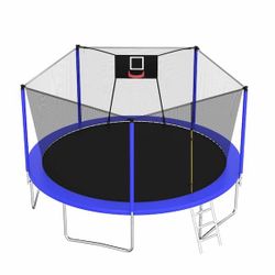 2038c  14 ft. Outdoor Recreational Trampoline with Basketball Hoop Enclosure Net and Ladder for Kids and Adults, Blue