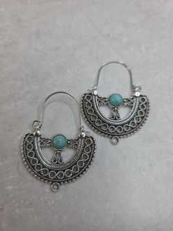 Silver w/ Turquiose Inset Hoop Earrings