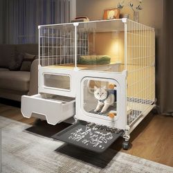 Brand New Indoor cat cage with Litter Box, Complimentary Cat Bed, Bow,lcat House with Wheels Outdoor,Large cat Villa Playpen, Small Animal Dog Kennel 