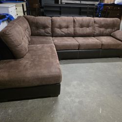 Brown Fabric / Leather L Shaped Sectional Couch