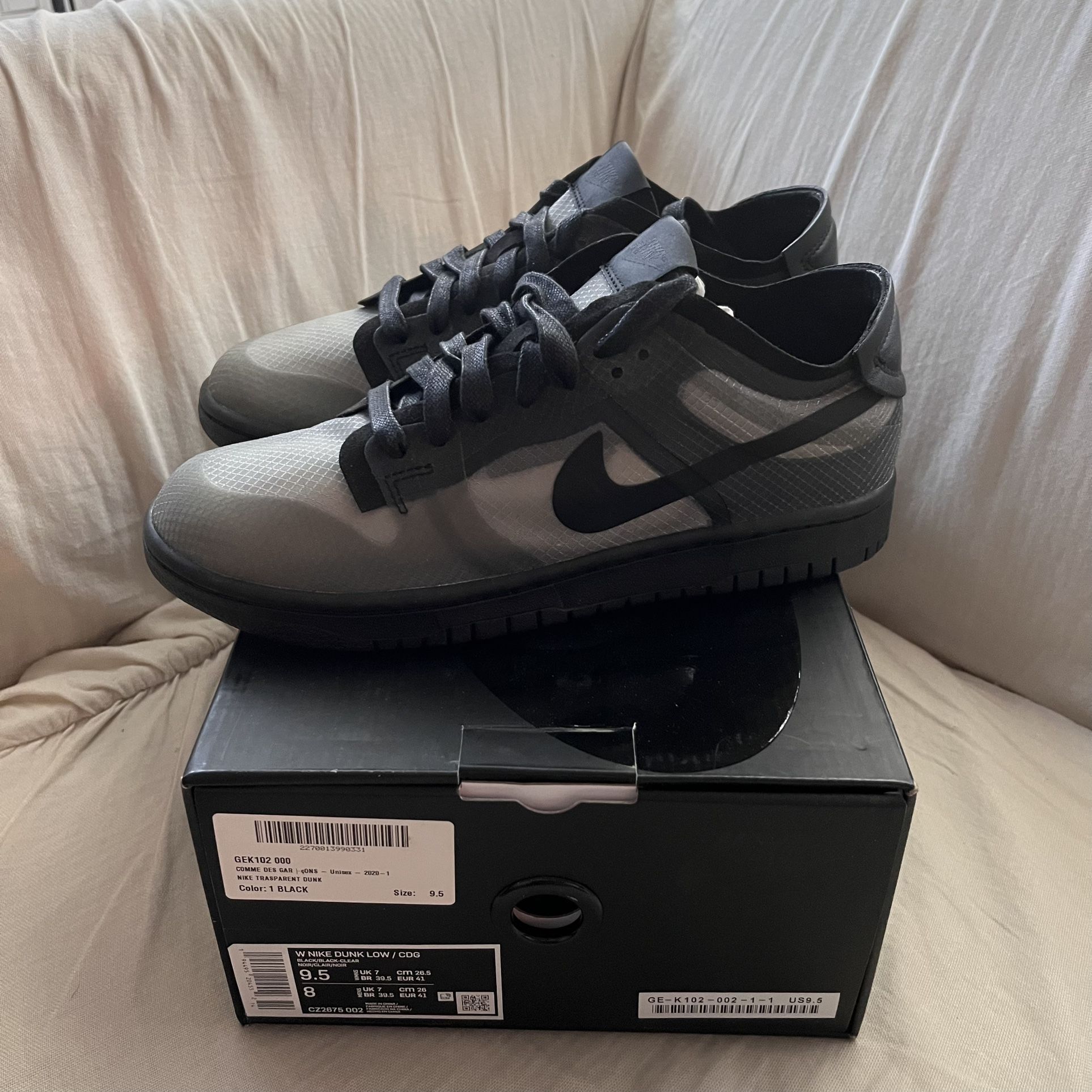 CDG X Nike Dunk Low Black Grey See Through New Size 9.5 Womens 8 Mens