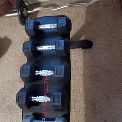 Dumbbells, Bench, Curl Bar, Step