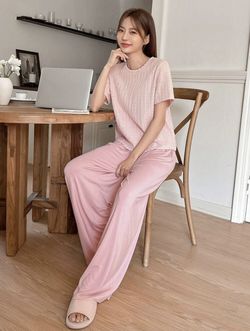  Leisure Jacquard Top & Wide Leg Pants Home Wear Set