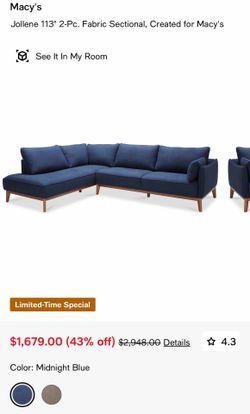 Macy’s 113” 2pc Blue Sectional Linen Upholstery MCM Lines Wood frame/Legs MSRP $2948