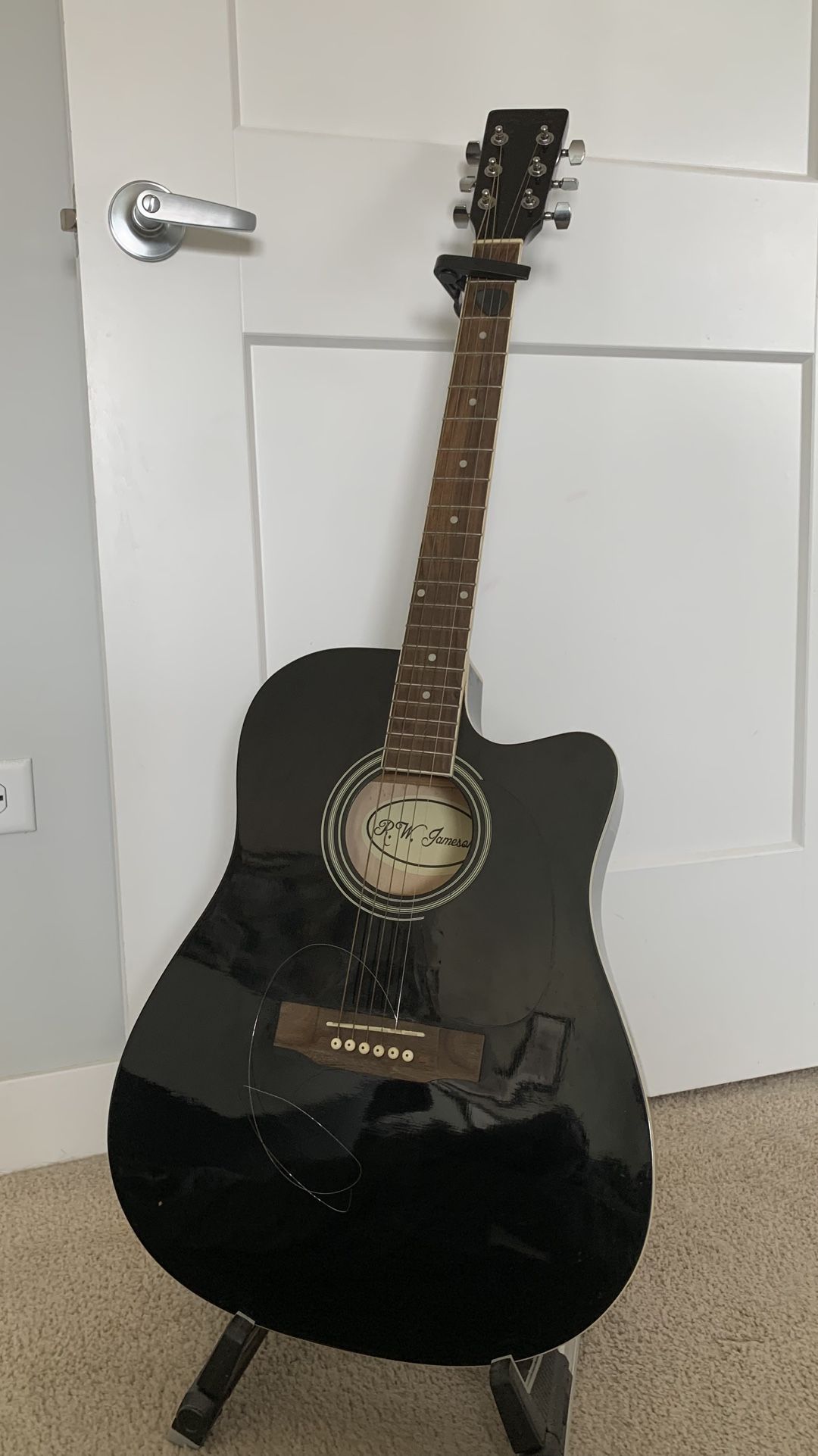 Black Acoustic Guitar With Free Capo, Stand, Case