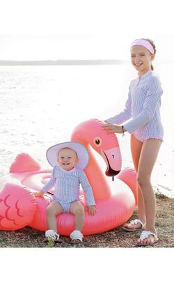 Like New RuffleButts Baby/Toddler Girls Seersucker Long Sleeve One Piece Rash Guard Swimsuit with UPF 50+ Sun Protection