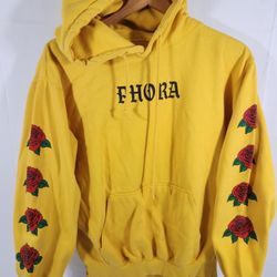 RARE Phora Three Layer Pullover Hoodie Sweatshirt Sz L/XL Yellow Roses Spellout