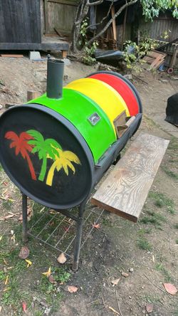 Custom Painted Barrel BBQ Smoker Grill. Jerk shack themed