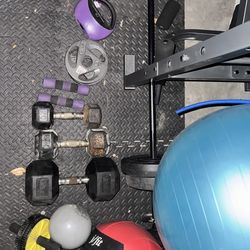 Gym equipment- barbell, boxing bag, 20,25,60lb