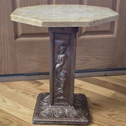 1970s Carter/Glenn Antique Bronze Beige Stone Octagon Top End Table Plant Stand