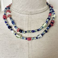 Long Blue And Pink Beaded Necklace 