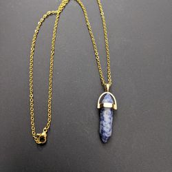 Blue Sodalite Crystal Stone Pillar Gold Necklace