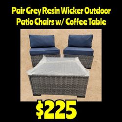 New Pair Grey Tint Resin Wicker Outdoor Patio Chairs w/ Coffee Table: Njft