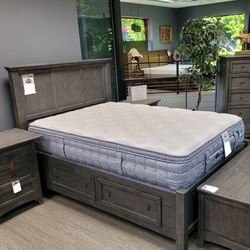SALE! Grey Solid Mahogany Wood Bed Frame w Storage Drawers - New Traditions 