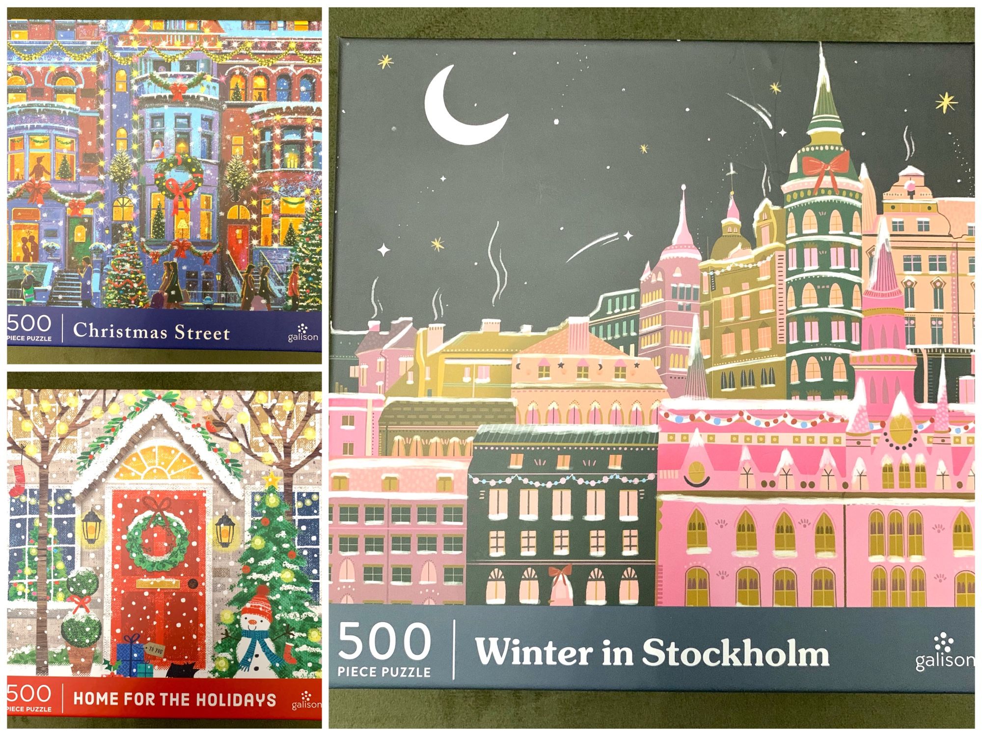3 NEW Galison 500 Pieces Puzzles Christmas Street Winter Stockholm, Home Holiday