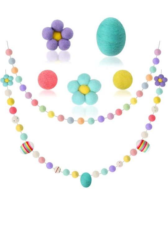 Easter Ball Garlands 2 Pieces Colorful Pom Garlands Wool Felt Ball Hanging Pom Banner Decor Egg Felt Easter Flower Banner for Tree Home Yard Party Dec
