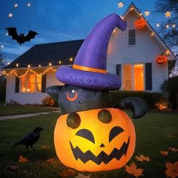 6 FT Halloween Inflatables Pumpkin Outdoor Decorations, Blow Ups Pumpkin Cat Decoration with Built-in Rotating Colorful LED Lights for Holiday Party Y