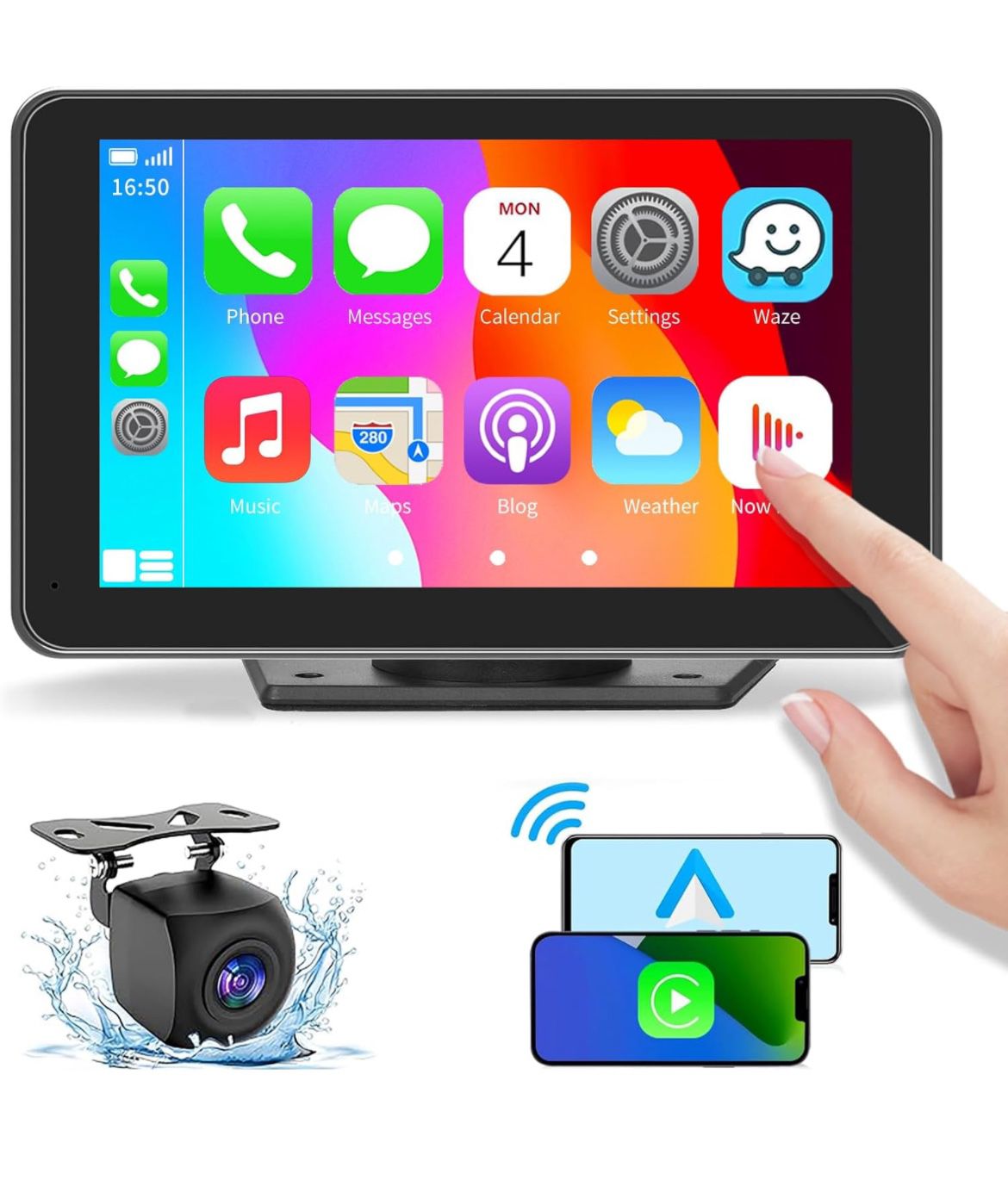 Portable Wireless Carplay Screen for Car for Apple Android with Backup Camera,7-inch Touchscreen, Bluetooth